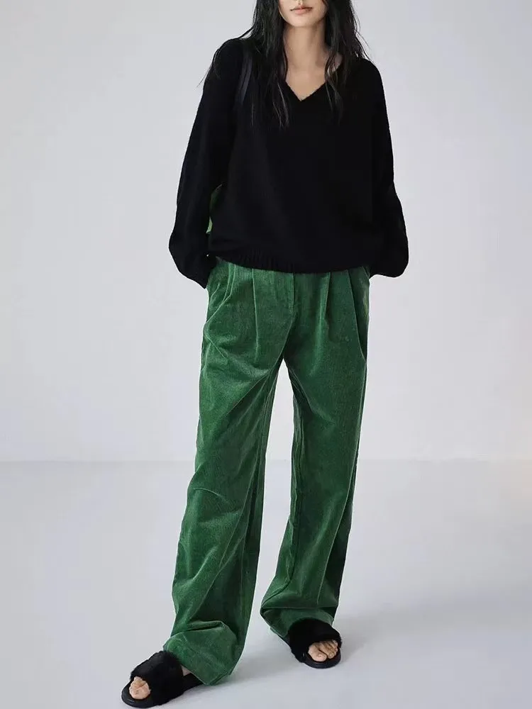 المرأة عادية سروال قصير أخضر بلون خمر Sweatpants الإناث عالية الخصر الخريف فضفاض واسعة الساق بنطلون