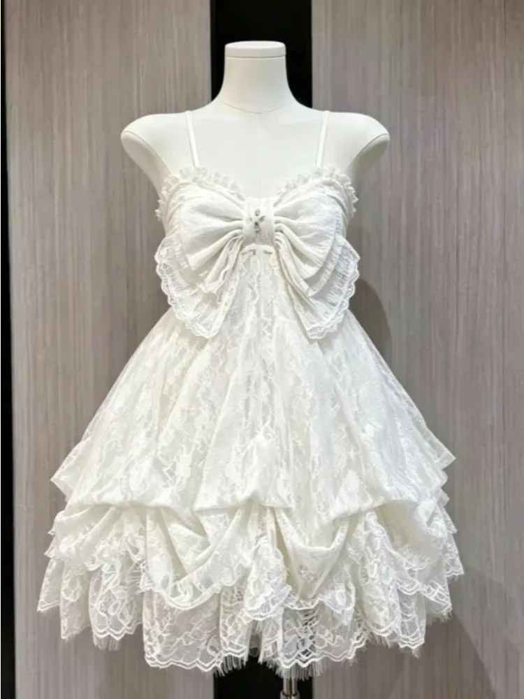 Harajuku Y2K Japanisches Sling-Bandage-Kleid mit süßer Spitze und Schleife, Lolita-Stil, Vintage-Rüschen, Mini, Neu 2026, Sommer Strandurlaub Kleid, Mode