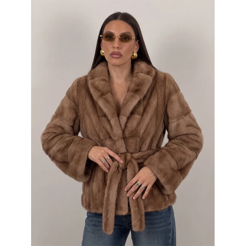 Self Belted Waist Notched Collar Womens Faux Mink Fur Coat Short Fluffy Thick Warm Luxury Elegant Winter Street Outerwear 2026