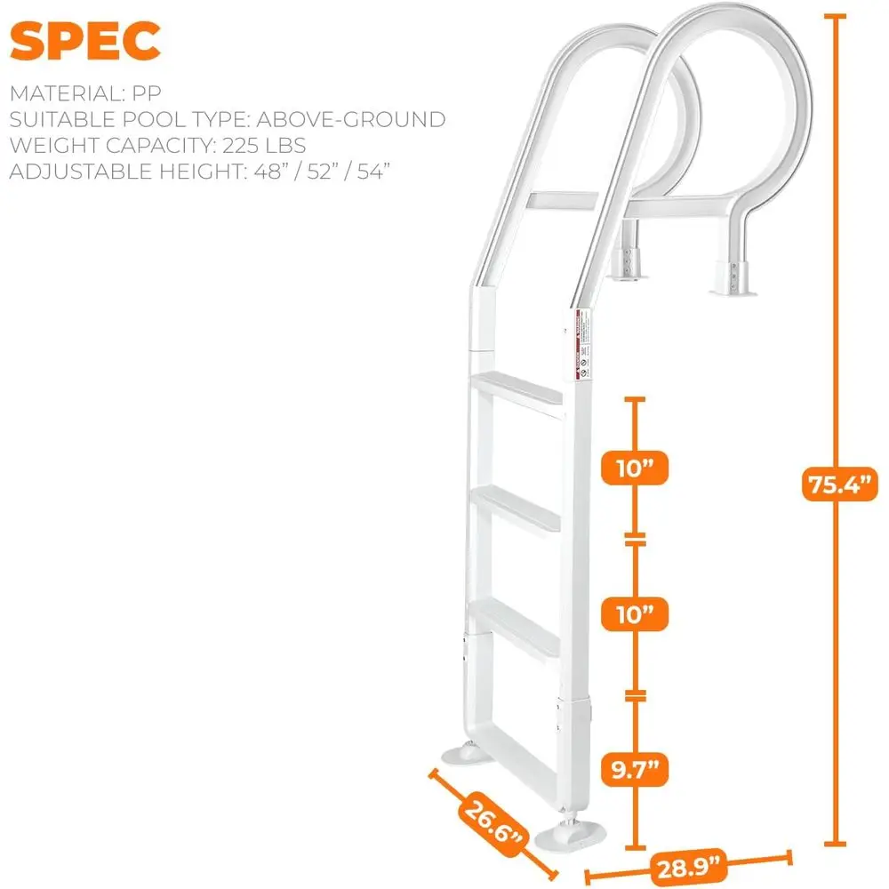 Escada de piscina de plástico resistente com degraus antiderrapantes para piscinas acima ou no solo de 48-54 polegadas
