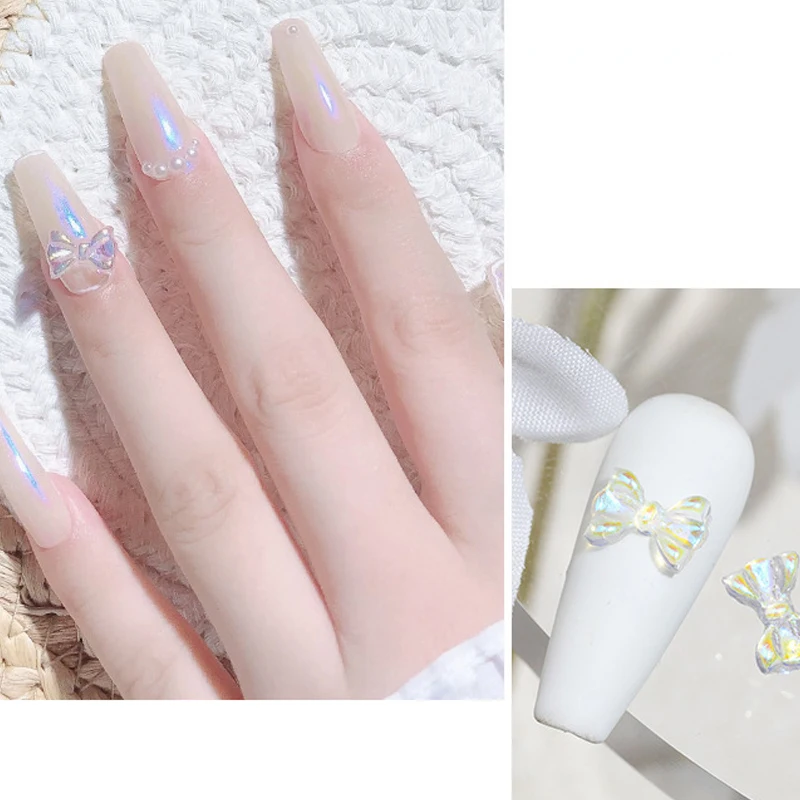 20PCS Auroras Bowknot 3D Nail Art Decoration Resin Nail Charms Jelly Color Glitter Nail Ribbon Bows Butterfly DIY Manicure Salon