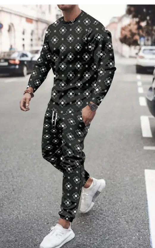 

Spring and Fall 3D Printed Retro Pattern Men's Long Sleeve Suit Fashion Casual Luxury Party O-collar Sweatshirt and Pants Suit