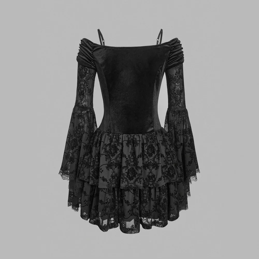 Vintage gótico veludo fora do ombro feminino sexy bodycon vestido de renda bordado mini vestido de malha mangas sino em camadas vestidos retro