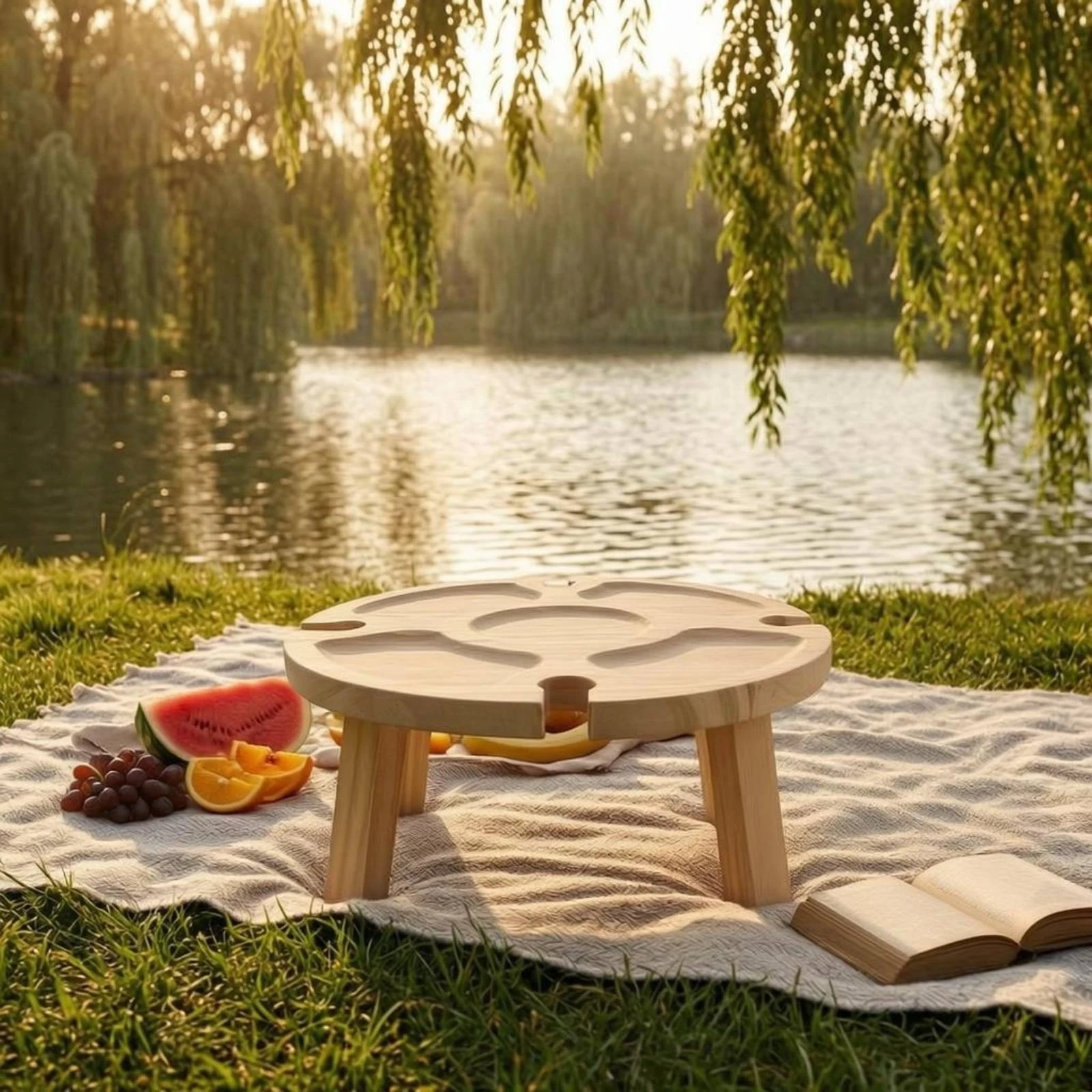 Folding Wooden Tray Table Cup Slots Round Snack Table Home Furniture Sturdy for Picnic