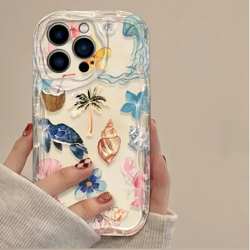 Marine Organism Print Phone Case For iPhone 17 16 15 14 13 12 11 Pro Xs Max Mini 8 7 Plus XR Air X 17e 16e Curly Wavy Back Cover