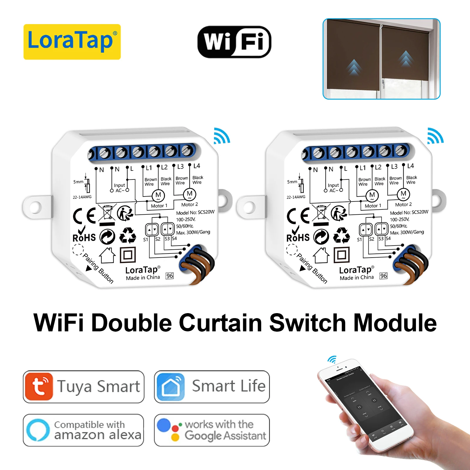 

LoraTap Tuya Smart Life Double Curtain Blinds Switch Module for Roller Shutter Electric Motor Voice Control by Google Home Alexa