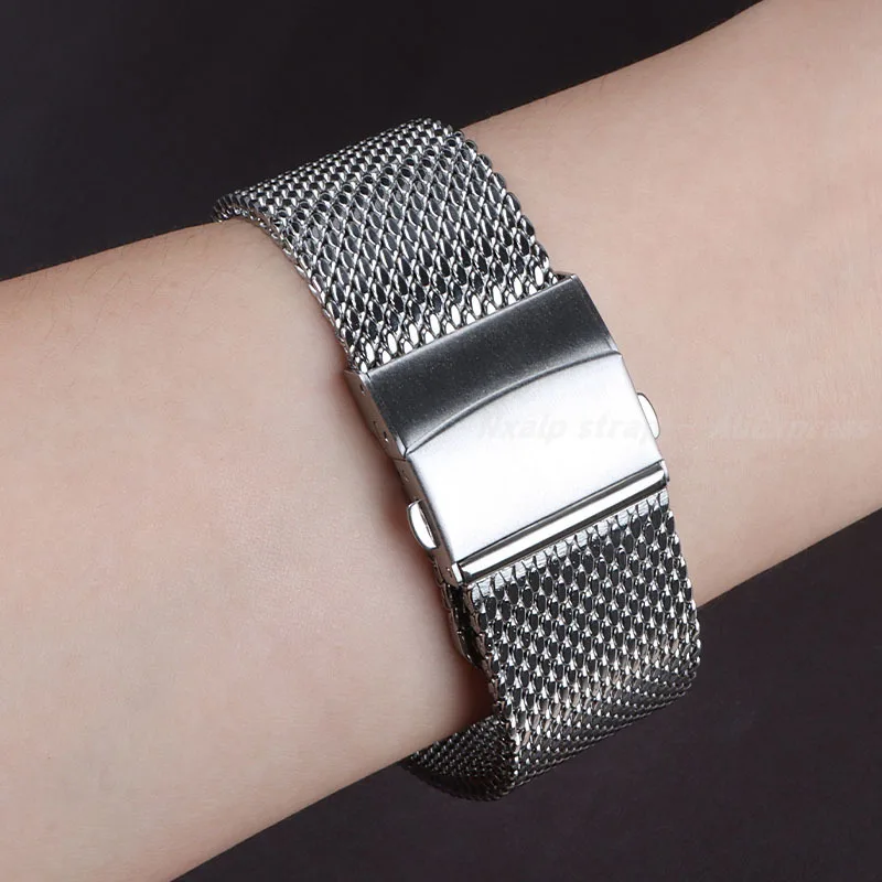 1.0 Milanese Mesh Loop 18mm 20mm 22mm Folding Buckle Watch Band Stainless Steel Strap 3mm Thickness Bracelet Quick Release