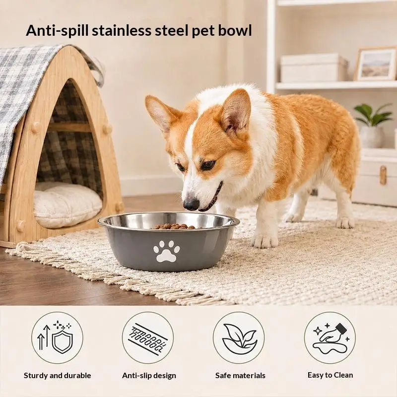 Stainless Steel Dog Basin Paw Print Pet Supplies Cat Bowl Dog Bowl Silicone Anti-Slip Design Pet Drinking Water Feeding Bowl