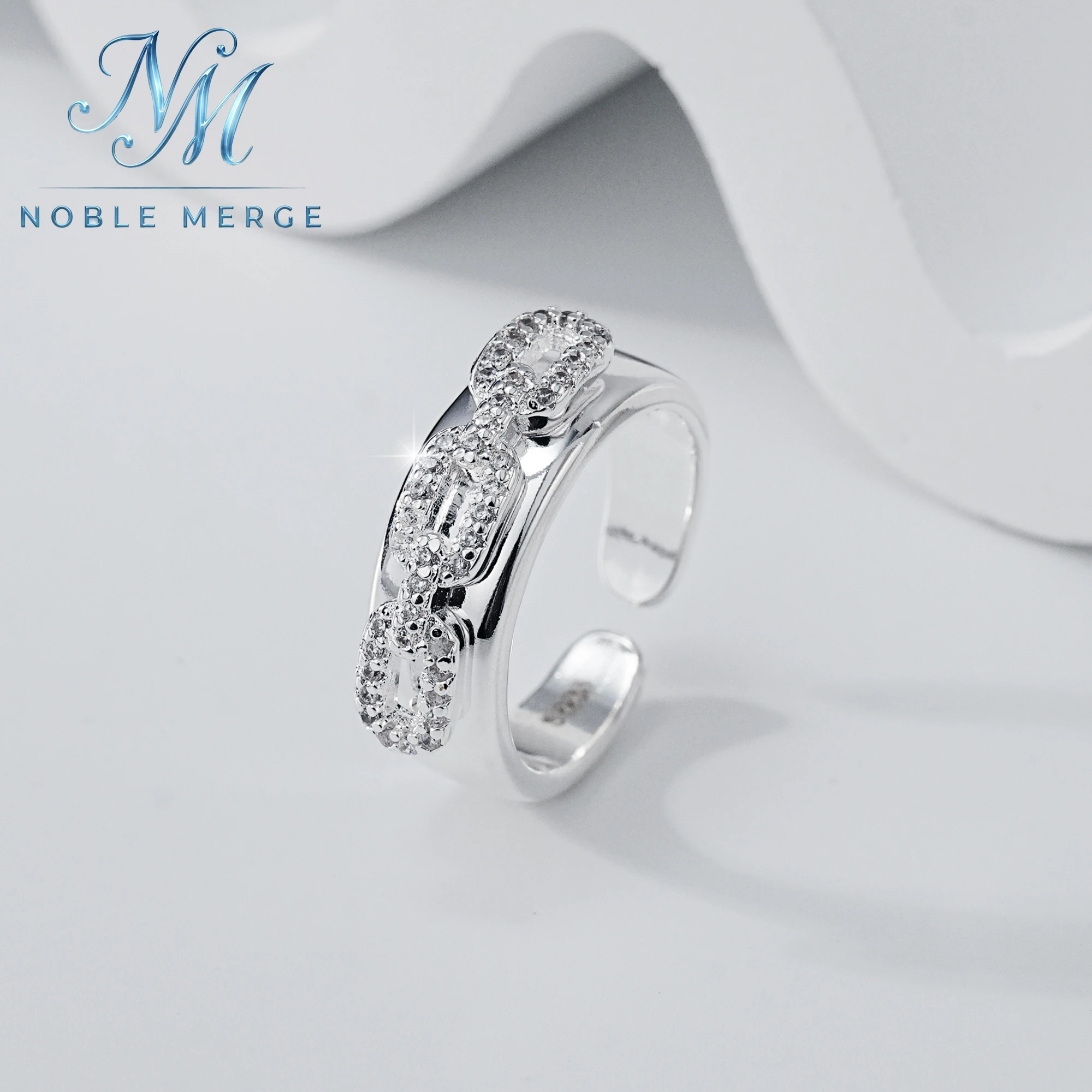 Moissanite Chain Link Ring 925 Sterling Silver Platinum Plated Open Adjustable Pave Interlocking Buckle Wedding Gift Women Girls