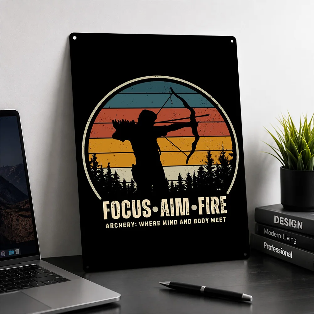 Focus Aim Fire Archery Retro Design 3D Texture Printed Poster Custom Vintage Metal Tin Plate Sign for Wall Art Decoration Room