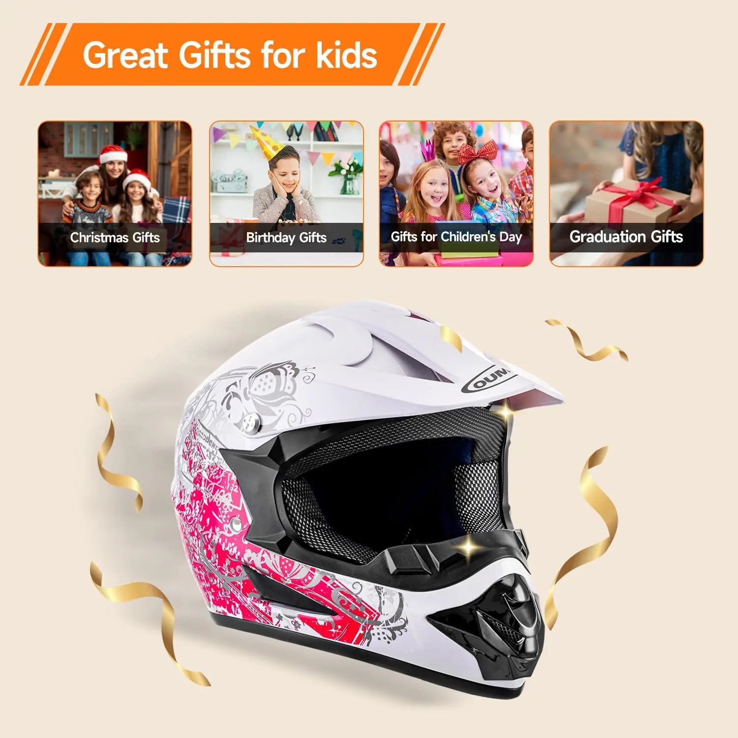 DOT Youth Dirt Bike Helmet for Boys Girls Ages 5-14 Four Wheeler Motocross BMX MX UTV Snowmobile Go Kart Racing Skateboard Baseb