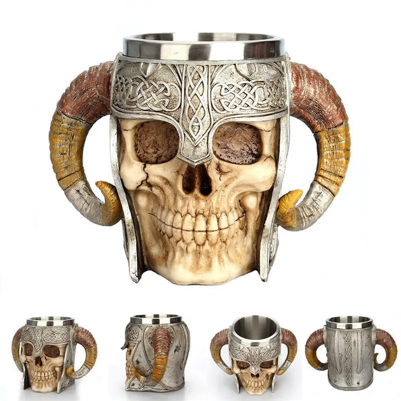 Stainless Steel Skull Mug Viking Ram Horned Pit Lord Warrior Beer Stein Tankard Coffee Mug Tea Cup Halloween Bar Drinkware Gift