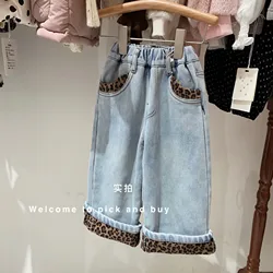 Autumn and Winter Girls Leopard Print One-piece Velvet Jeans New Children's Straight Thickened Wide Leg Jeans