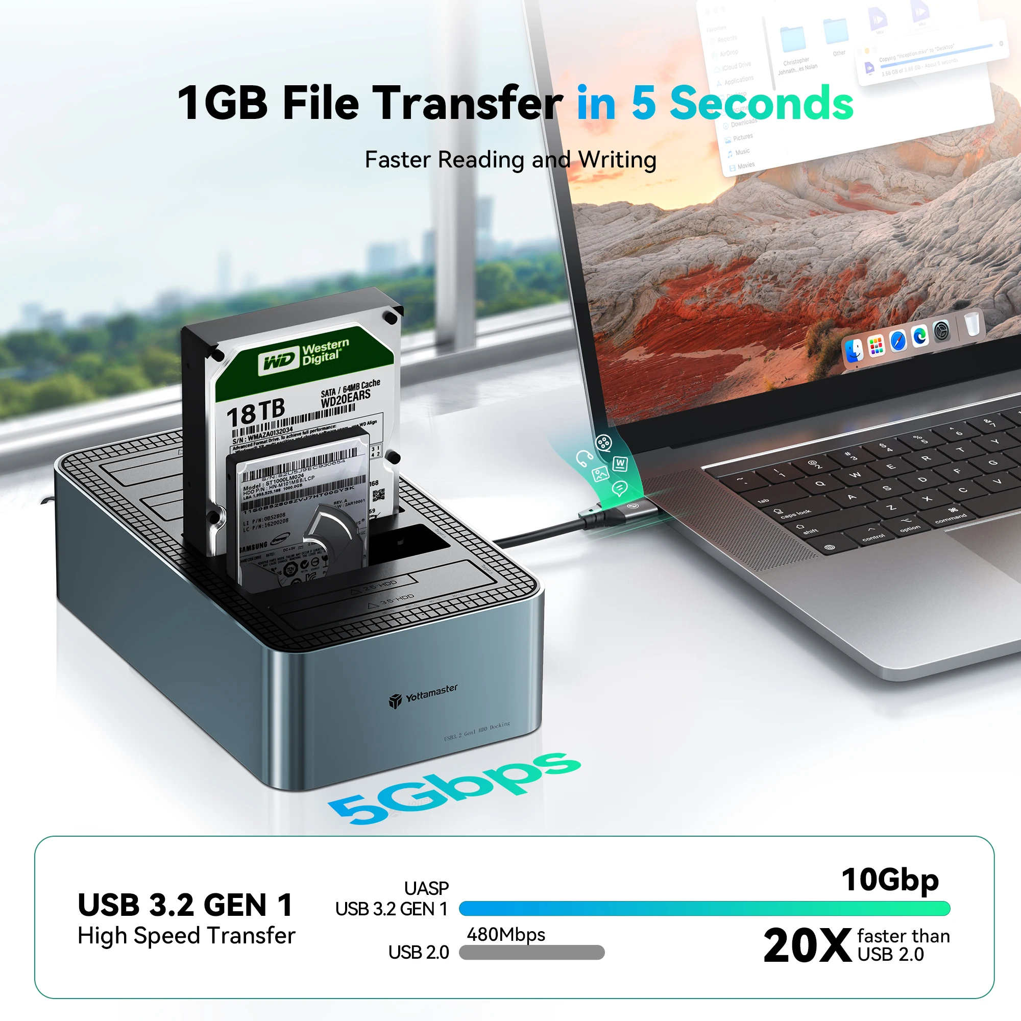 Imagem -04 - Yottamaster-gabinete de Disco Rígido Externo Sata Estação de Docking Usb c Gabinete Ssd com 5*18tb 2.5 in 3.5 in Bay