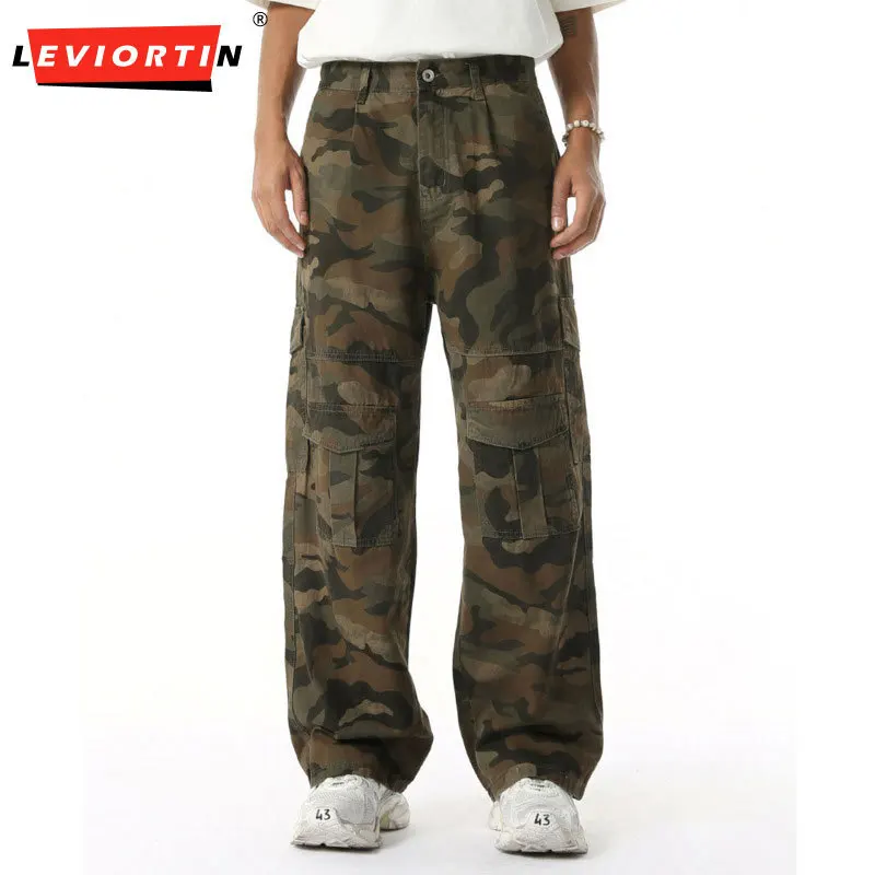 

Four Seasons Men's American Retro Multi Pocket Splicing Design Sense Straight Tube Casual Loose Versatile Camouflage Pants