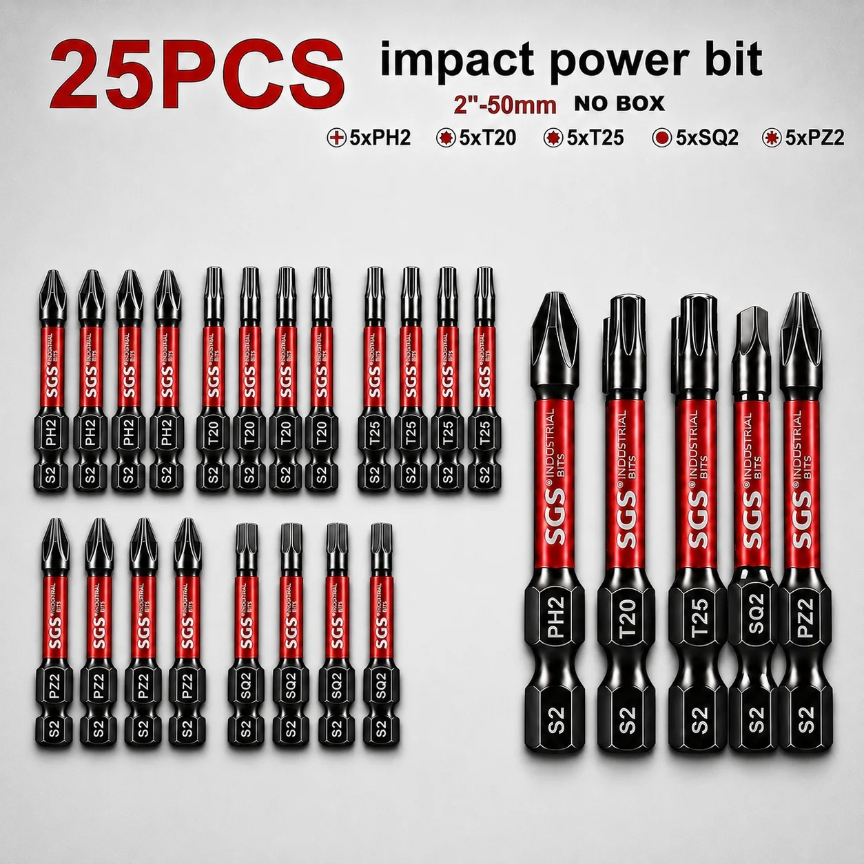 25-teiliges Set 50mm S2 Stahl Starke Magnetische Schlagschrauber-Bits Ph2/Pz2/T20/T25/Sq2 1/4 Zoll Sechskant-Schaft Elektroschrauber-Bits für Möbelmontage und Reparatur DIY – Detail 1
