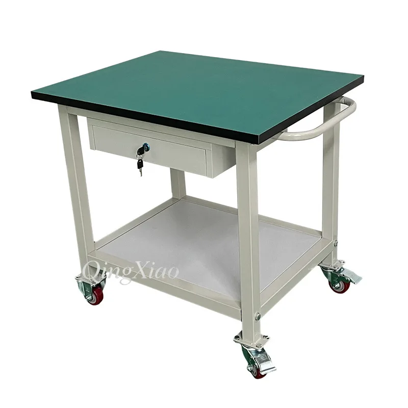 Double Sided Two Tier ESD Mobile Workbench With Anti Static Laminate Shelves And Lockable Casters For Workshop Assembly Line Use