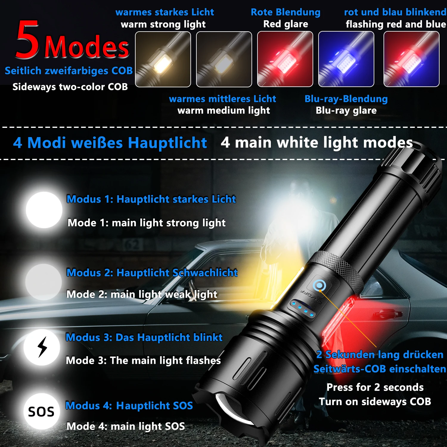 مشاعل Led قوية جديدة 5000 ضوء تكتيكي فائق السطوع 10000 أضواء الطوارئ تلسكوبي ضوء التكبير المدمج البطارية #4