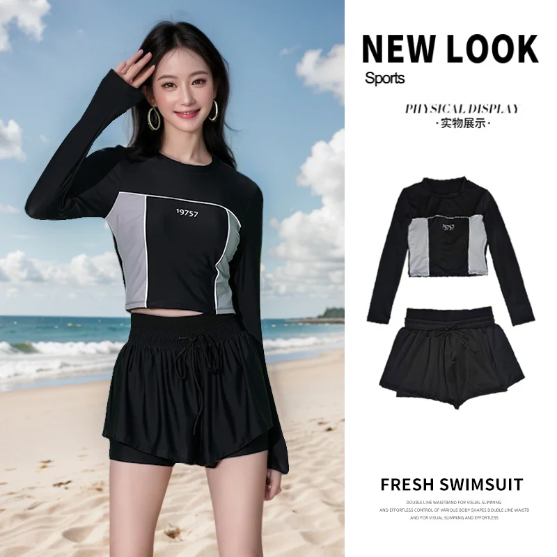 Maillot de bain deux pièces pour étudiantes, antidérapant, manches longues, printemps chaud, utilisation en piscine, été