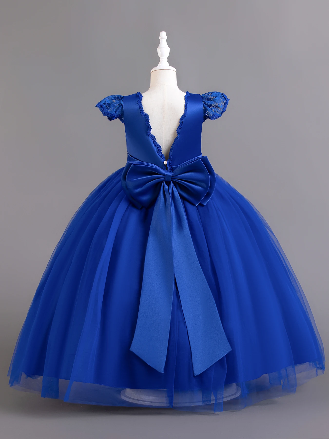 Blue colored lace child princess dress, little girl runway, piano performance Wear flower boy big bow long dress