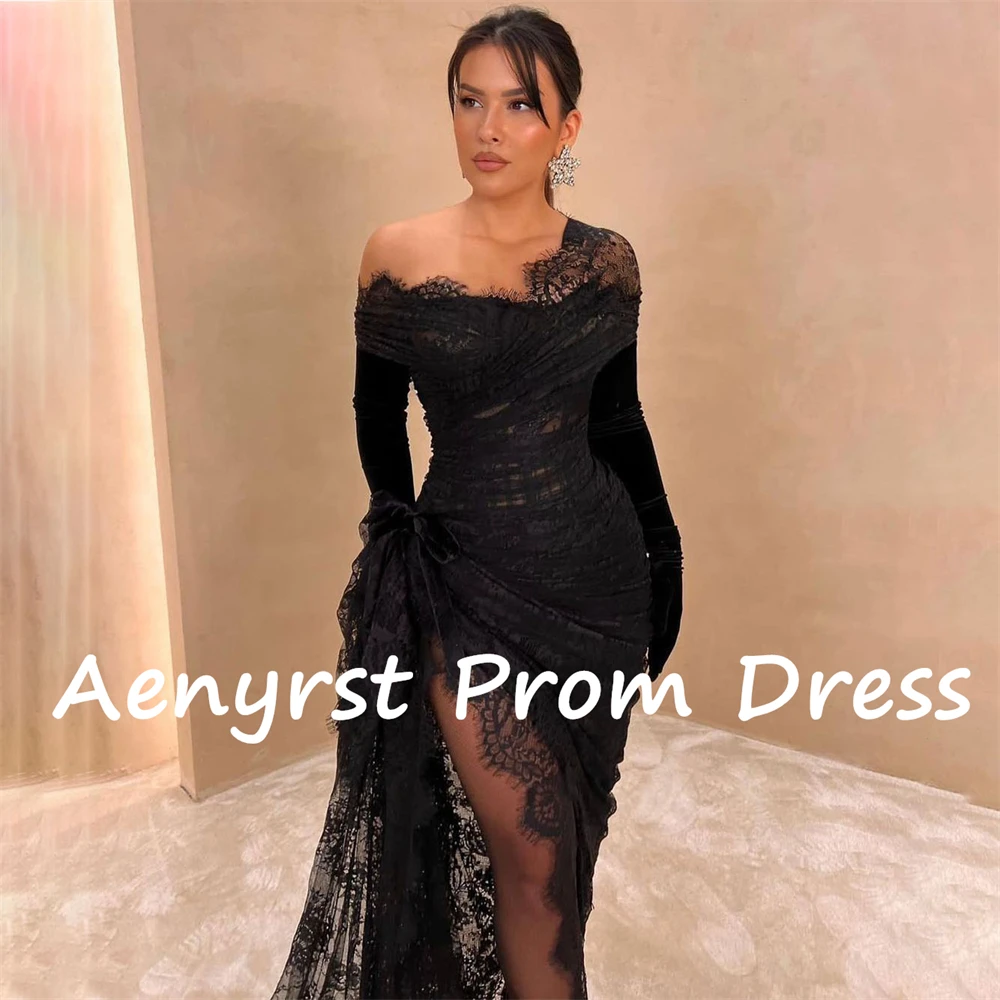 Aenyrst Black Illusion Lace Long Sleeves customized Evening Dresses Mermaid Split Prom Dress Floor Length Dinner Party Gowns