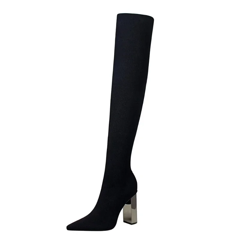 Sexy Women Over The Knee Boots High Mature Heels European and American Fashion Simplicity Metal and Thick Heels Women\'s Shoes