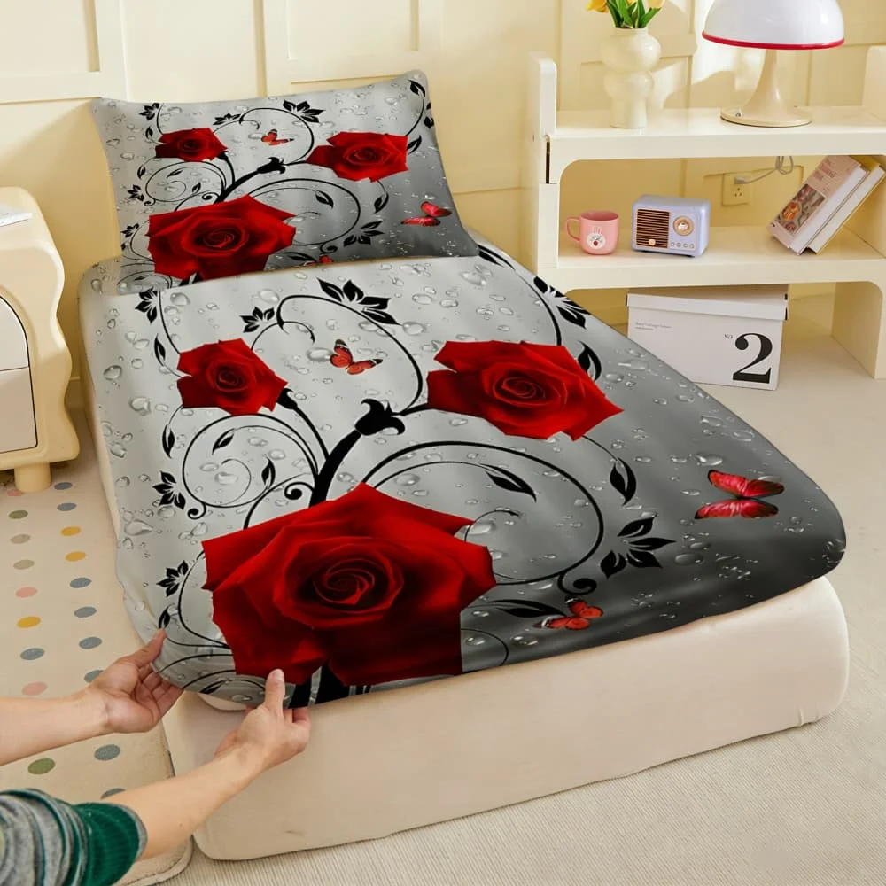 1pc Red Rose & Water Drop Butterfly Print Fitted Sheet Deep Pocket Elastic Mattress Cover Single Double Queen King Bedroom Decor