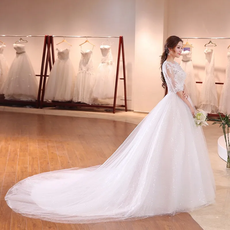 

Customized Luxury One-Shoulder Princess Style Wedding Dress Long Sleeves Tail for plus Size Brides Masterpiece for Women