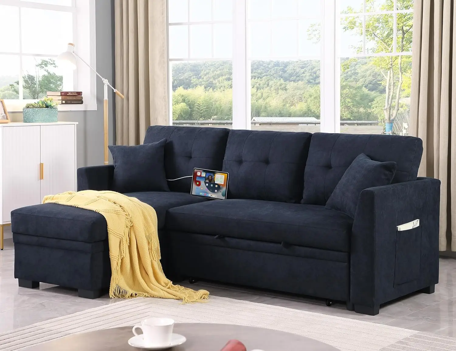Convertible Pull Out Sleeper Sectional Sofa Couch Bed - L Shaped Corner Lounge Sofa with Dual USB Ports,Side Pockets image 3
