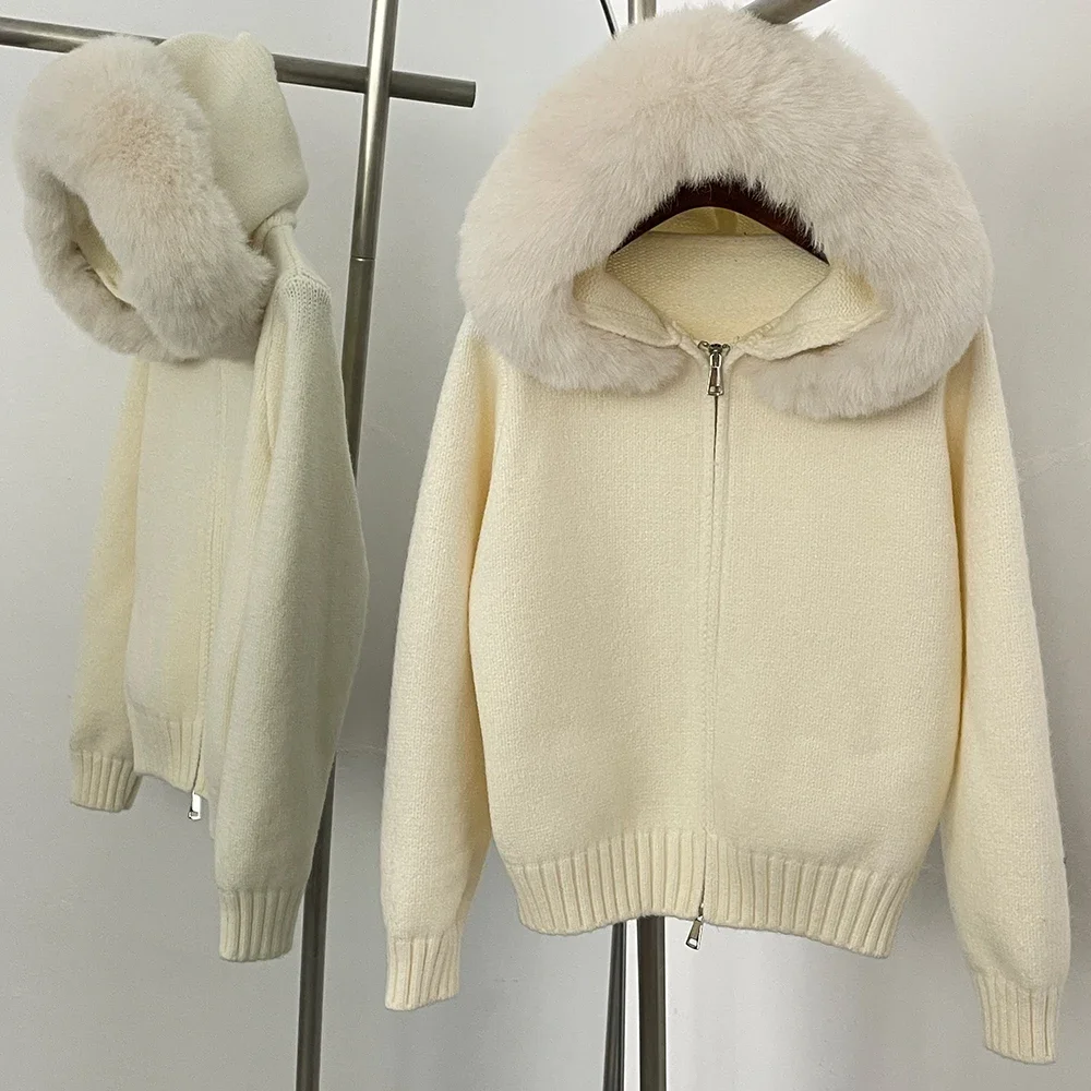 

OFTBUY Cardigan Women Hooded Spring Autumn Faux Fur Sweater Female Solid Fake Fur Knitting Coat Loose Knitwear Lady Oversized