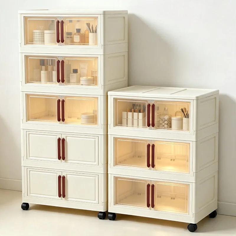 Beige Collapsible Stackable Storage Cabinet With Wheels, 1/4/5 Tier Foldable Plastic Storage Bins, Space Saving Organizer For Laundry Room Clothing Storage, Clothes Organizer,Back To School Dorm Essentials, Apartment Rental Closet Household Organizer