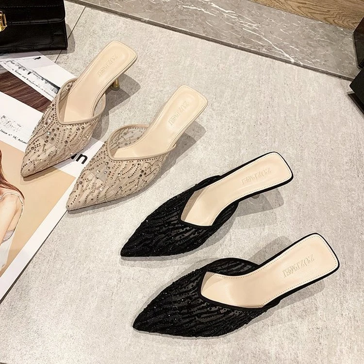 2024 Mesh Slippers Women New Summer Shoes Women Fashion Pointed Slides Spike Heels Beige Mules Shoes High Heels