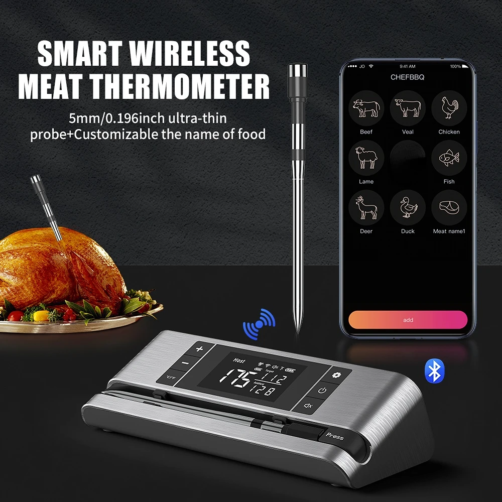 ميزان حرارة اللحوم اللاسلكي الذكي بتقنية البلوتوث - ميزان حرارة اللحوم الرقمي الذكي اللاسلكي للشوي والشواء والفرن والمقلاة الهوائية،