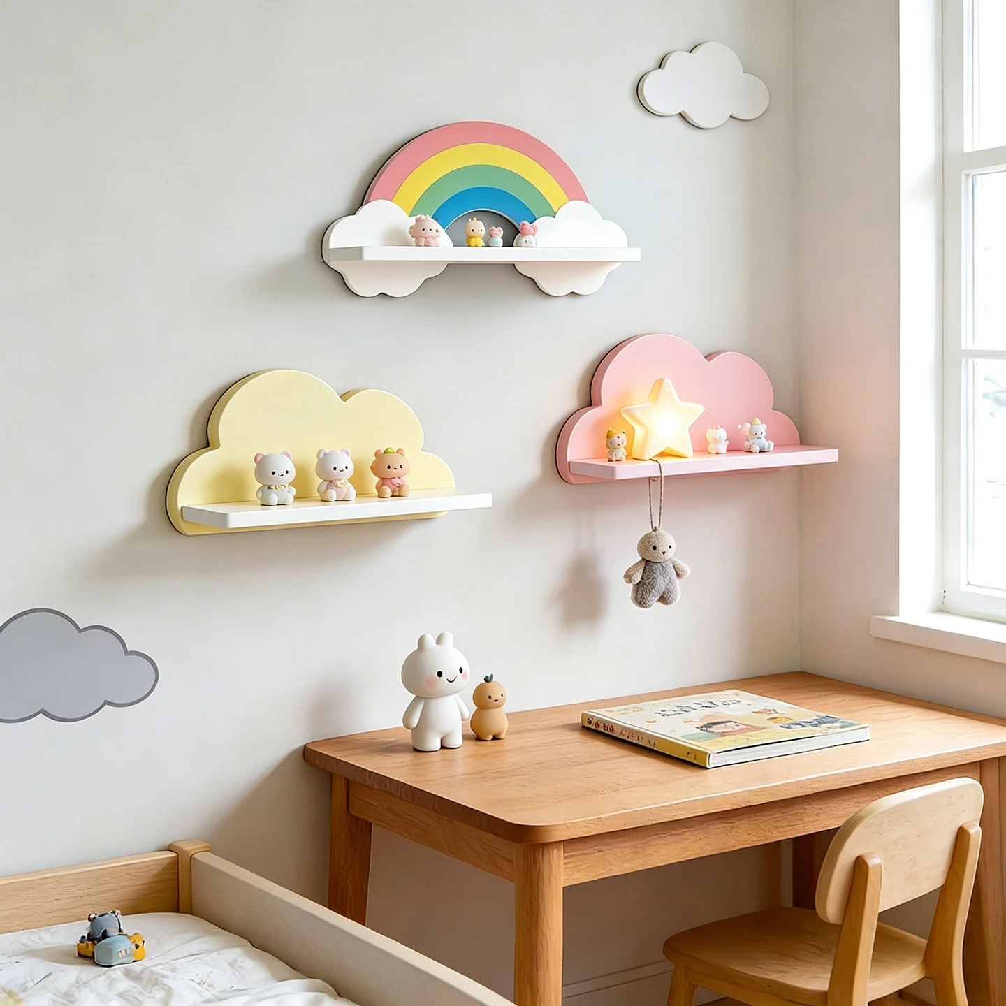 Baby Nursery Shelves - Cute Cloud Shaped Solid Wood Floating