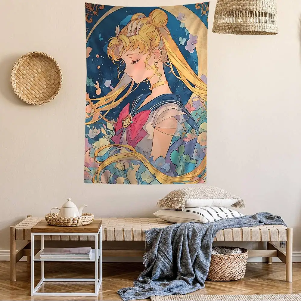 Classic S-Sailor M-Moon Retro Girl Anime Printed Large Wall Tapestry Hanging Tarot Hippie Wall Rugs Dorm Home Decor