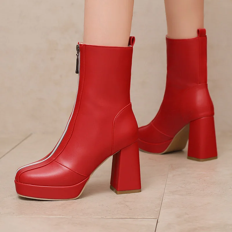 

Winter Platform High Heel Front Zipper Women Ankle Boots Black Red Blue PU Leather Round Toe Short Booties Female Designer Shoes
