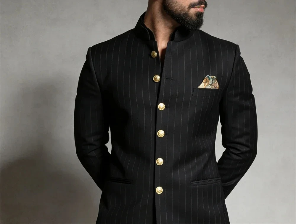 Stripe Mens 2-Piece Suit Set Half Stand Collar Fashionable Suit Attire for Party Prom Jacket Pants XS-5XL Customized Colors
