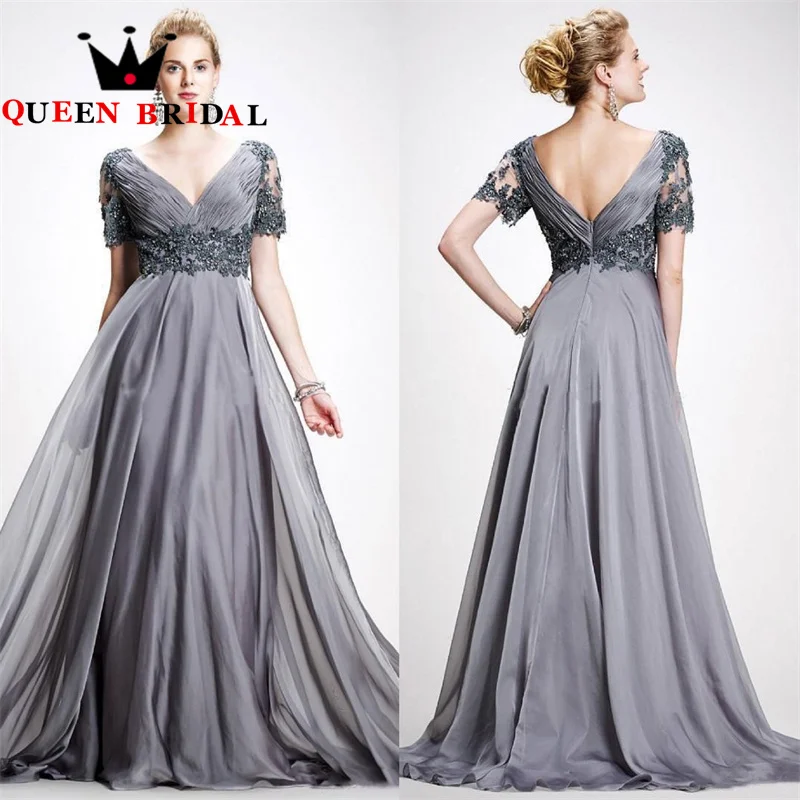 Elegant Silver Gray Mother Of Bridal Dress V Neck Appliques Beading A Line Backless Floor Length Vestido De Noite Custom C95X