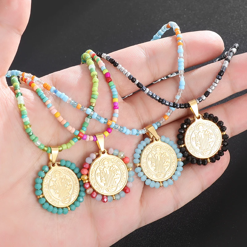 Christian Saint Benedict Pendant Boho Style Rainbow Bead Beaded Necklace Women Girls Religious Amulet Jewelry Anniversary