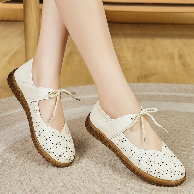 

Women's Floral Perforated Mary Jane Flats - Breathable Lace-Up Casual Shoes