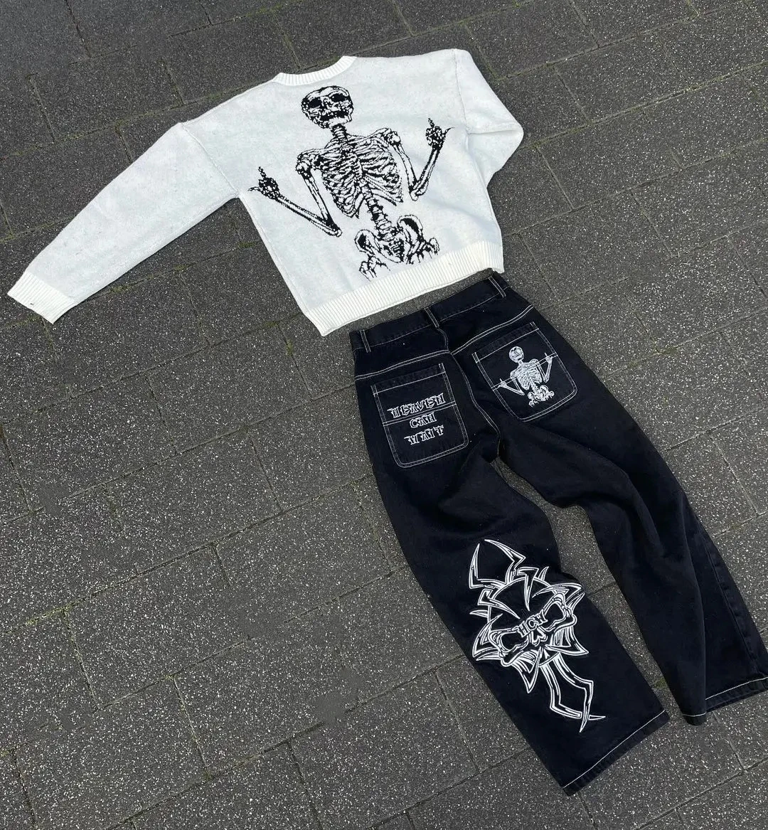 Y2K kot erkek Hip Hop Retro kafatası nakış yıkanmış yeni düz rahat gevşek geniş bacak pantolon Streetwear Baggy Denim pantolon