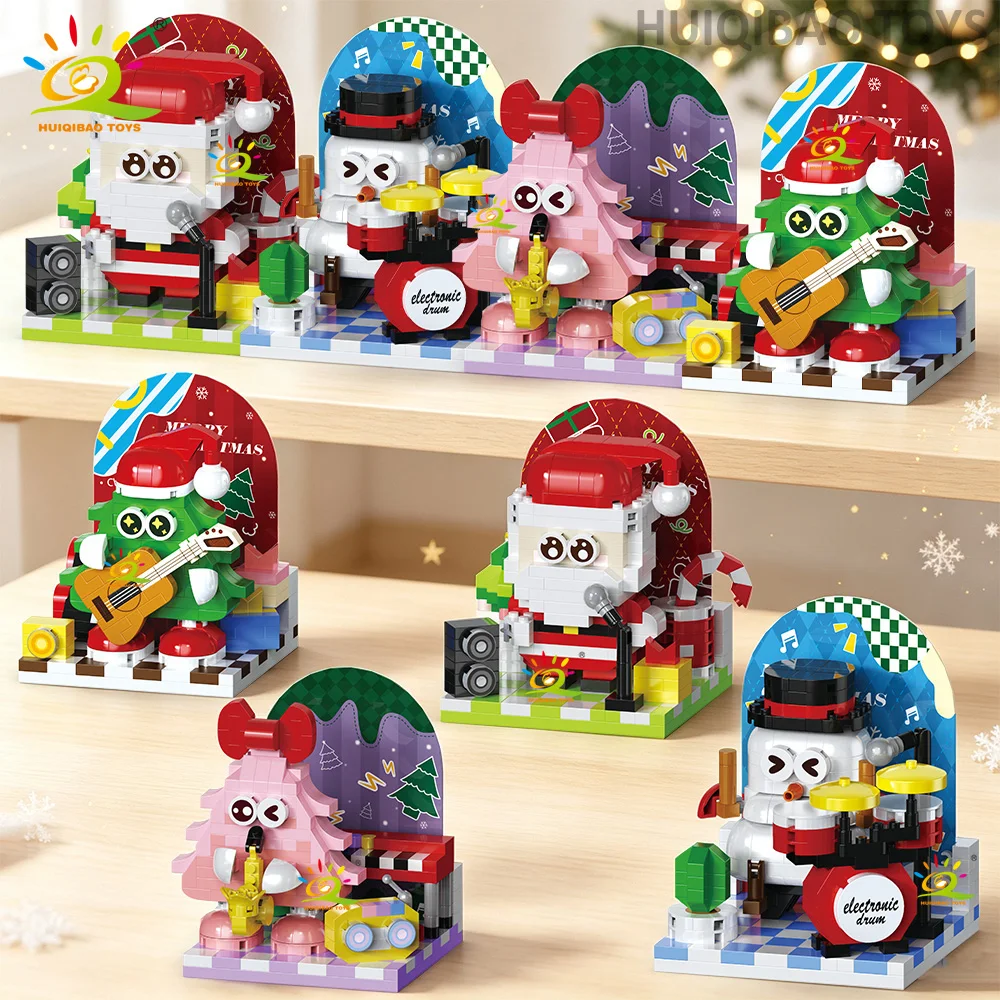 HUIQIBAO Creative Christmas Rock Band Building Blocks Santa Claus Snowman Xmas Tree Music Stage Bricks Model Home Decor Toys