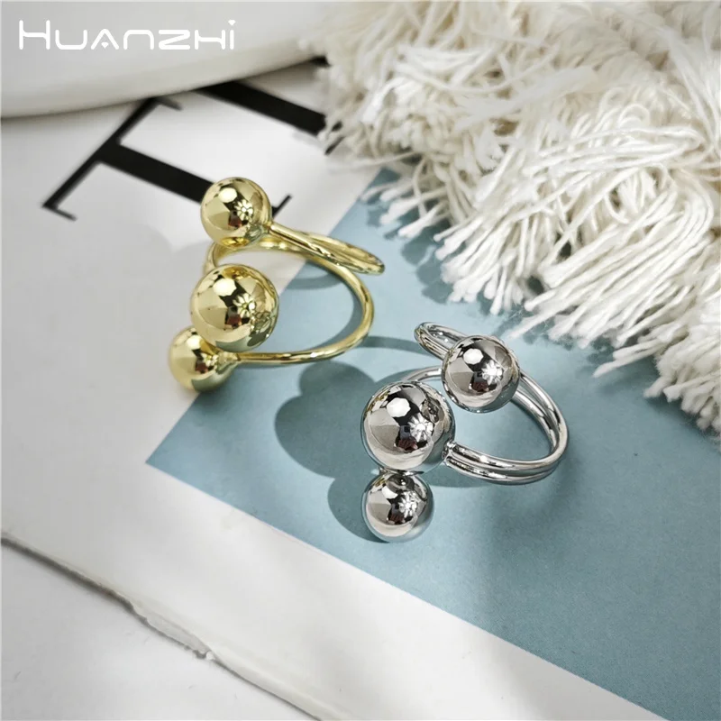 HUANZHI Gold Color 3 Balls Globe Shape Ring for Women Unisex Simple Creative Design Adjustable Stylish Metal Jewelry Gifts Hot