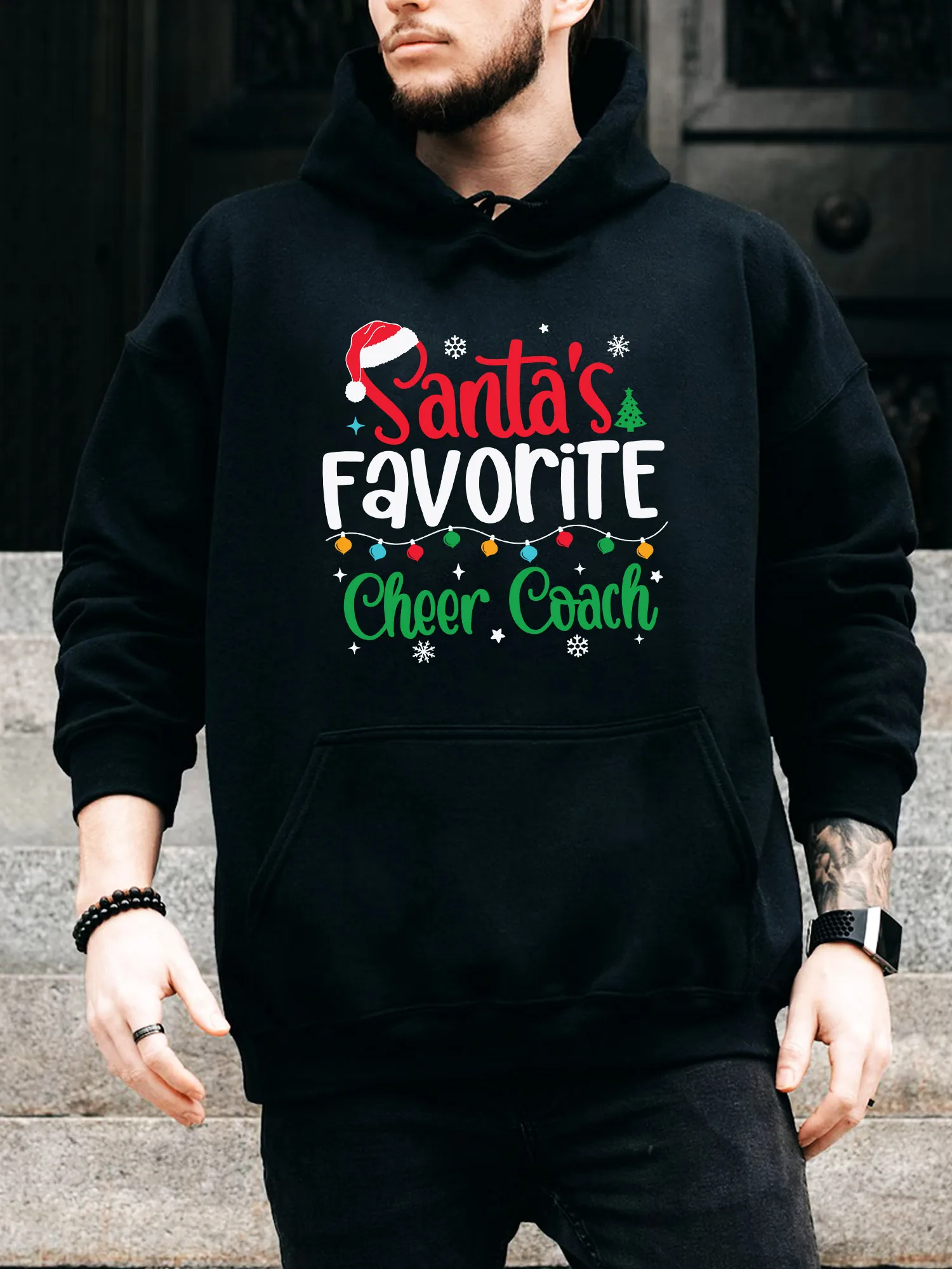 

Мужская толстовка с капюшоном на шнурке Favorite Cheer Coach Santa's — повседневный удобный черный пуловер, осенне-зимняя толстовка с капюшоном
