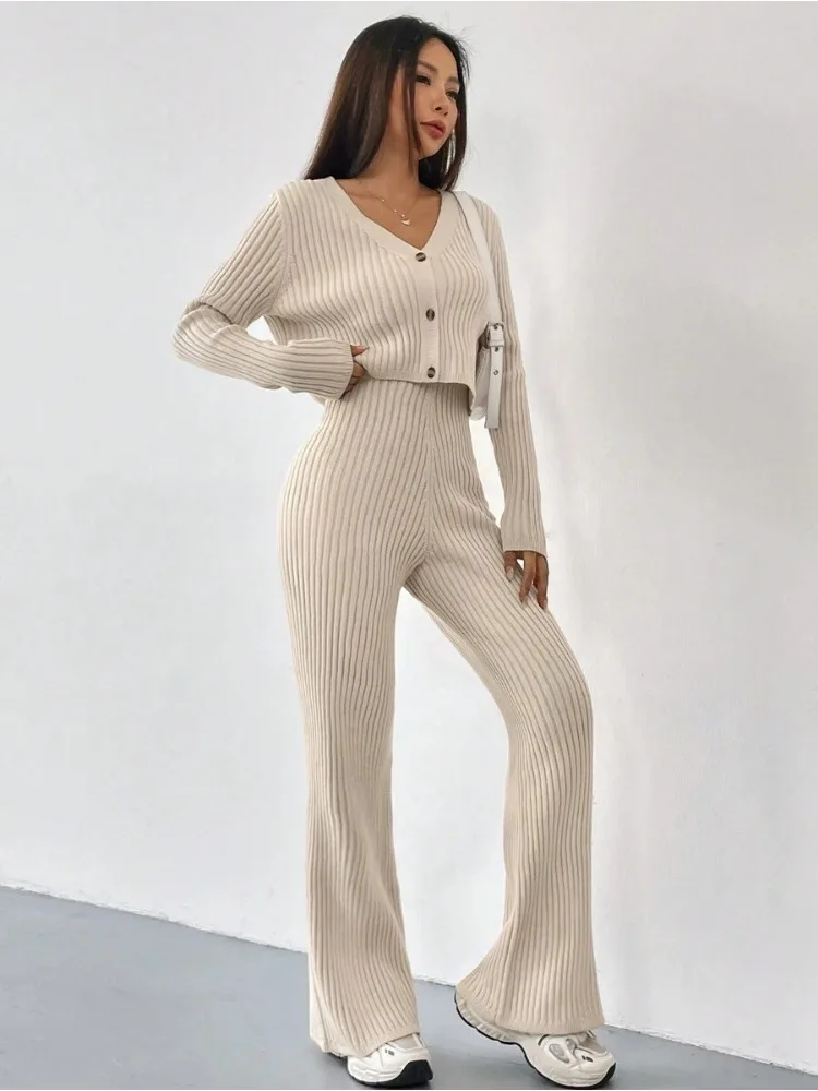 Solid Color 2 Piece Sets Womens Outfits V-neck Single Breasted Tops High Waist Straight Pants Elegant Traffic Store Fashion