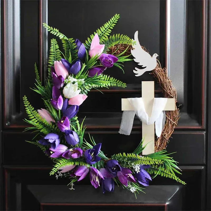 

Aesthetic Easter Tulip Cross Wreath Religious Spring Door Decoration Realistic Flowers Front Porch Garden Hanging Ornament