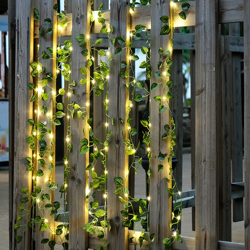 Silk Fake Green Leaf Ivy Vine with LED Lights String for Home Bedroom Decor Wedding Glowing Artifical Plant Garland Decor