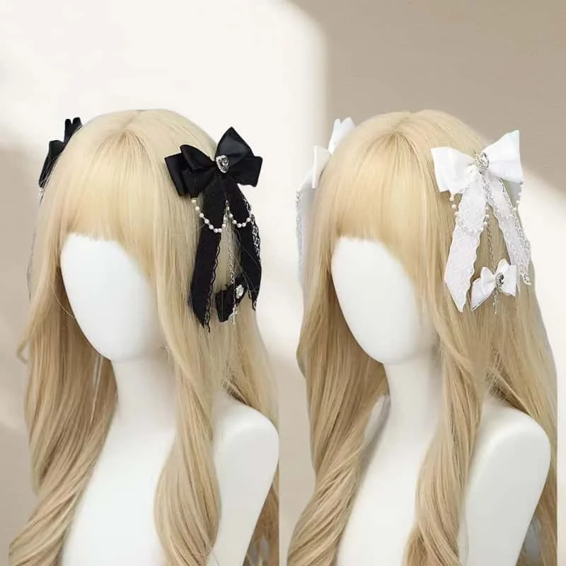 

Gothic Fallen Angel Hair Clip Punk Dark Kawaii Cute Lolita Bow Chain Rhinestone Accessory for Jirai Kei Fashion Hairpin