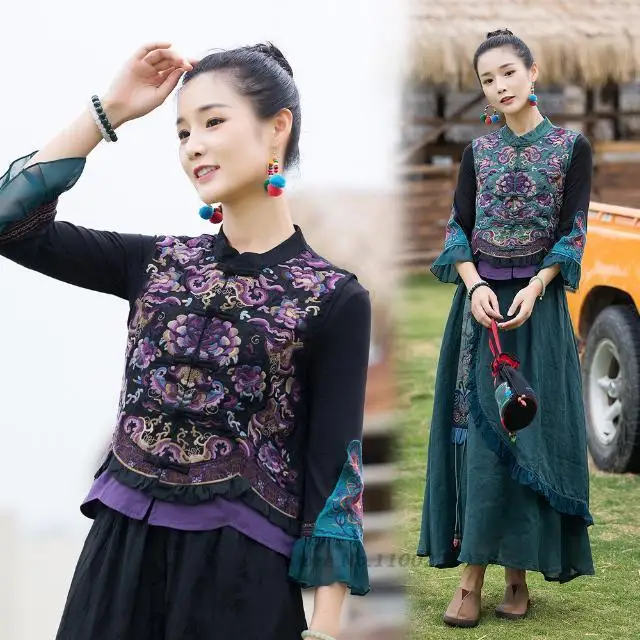 2024 traditional flower embroidery hanfu tops ethnic vest chinese traditional sleeveless jacket vintage cotton linen gilet