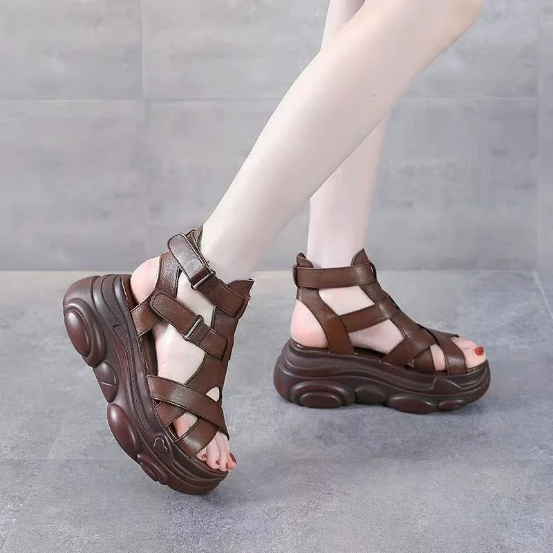 2024 New Roman Style Comfortable Wedge Heel Increase Top Layer Cowhide Vintage Platform Rocking Sandals for Women